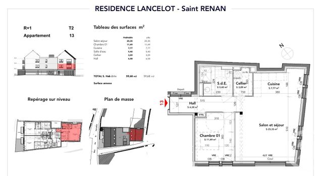 Appartement T2 à vendre - 2 pièces - 59.68 m2 - ST RENAN - 29 - BRETAGNE - Century 21 Associés Conseils Immobilier
